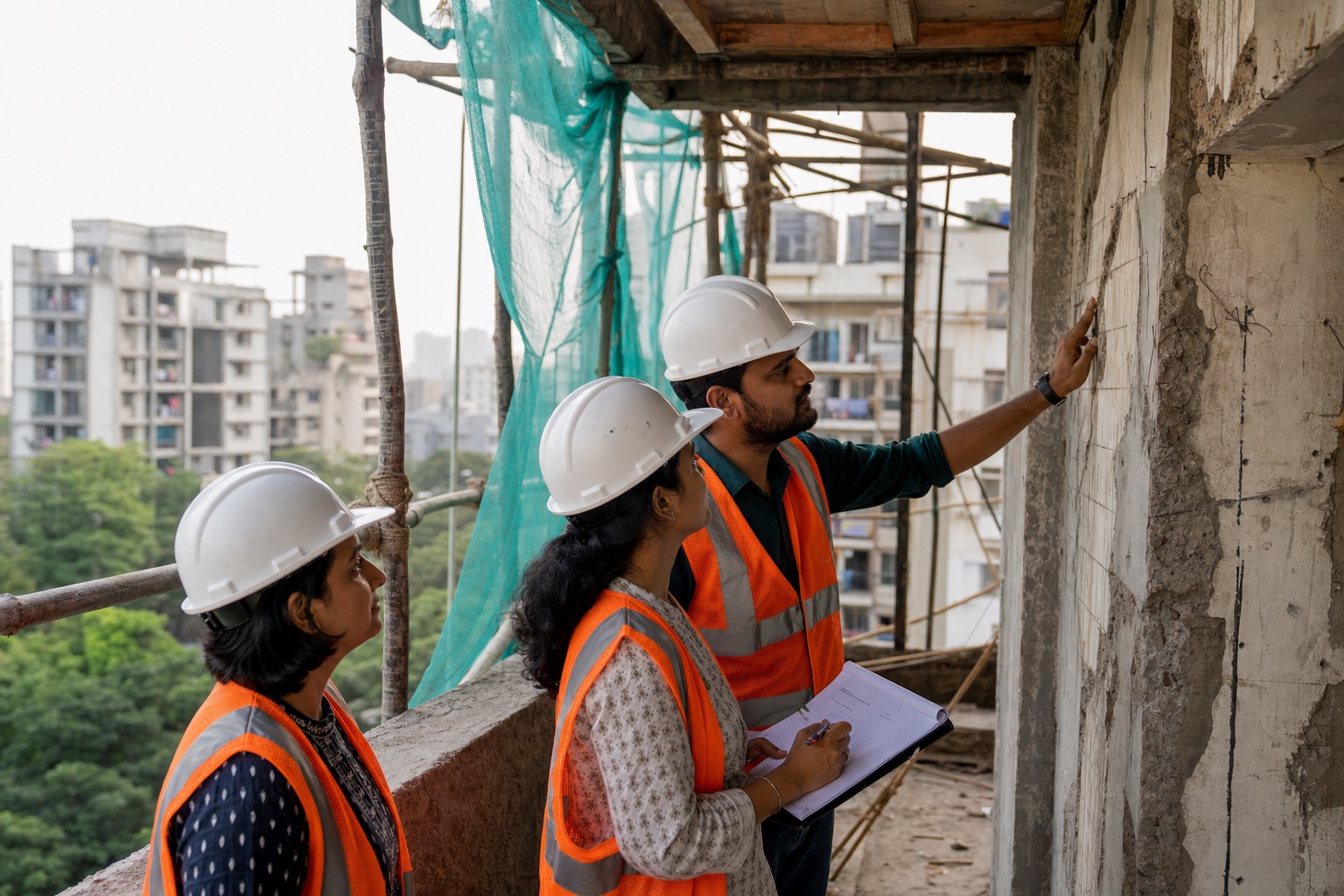 G.K.S engineers mapping structural repairs on a Mumbai residential site