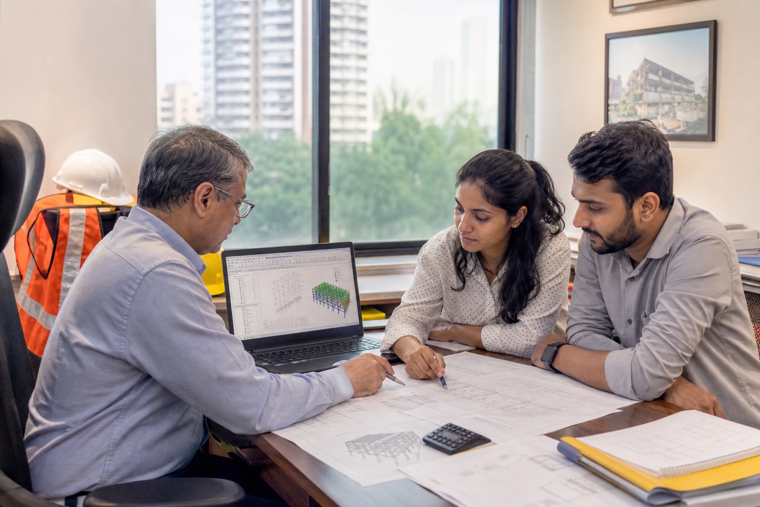 G.K.S engineers reviewing drawings together in the office