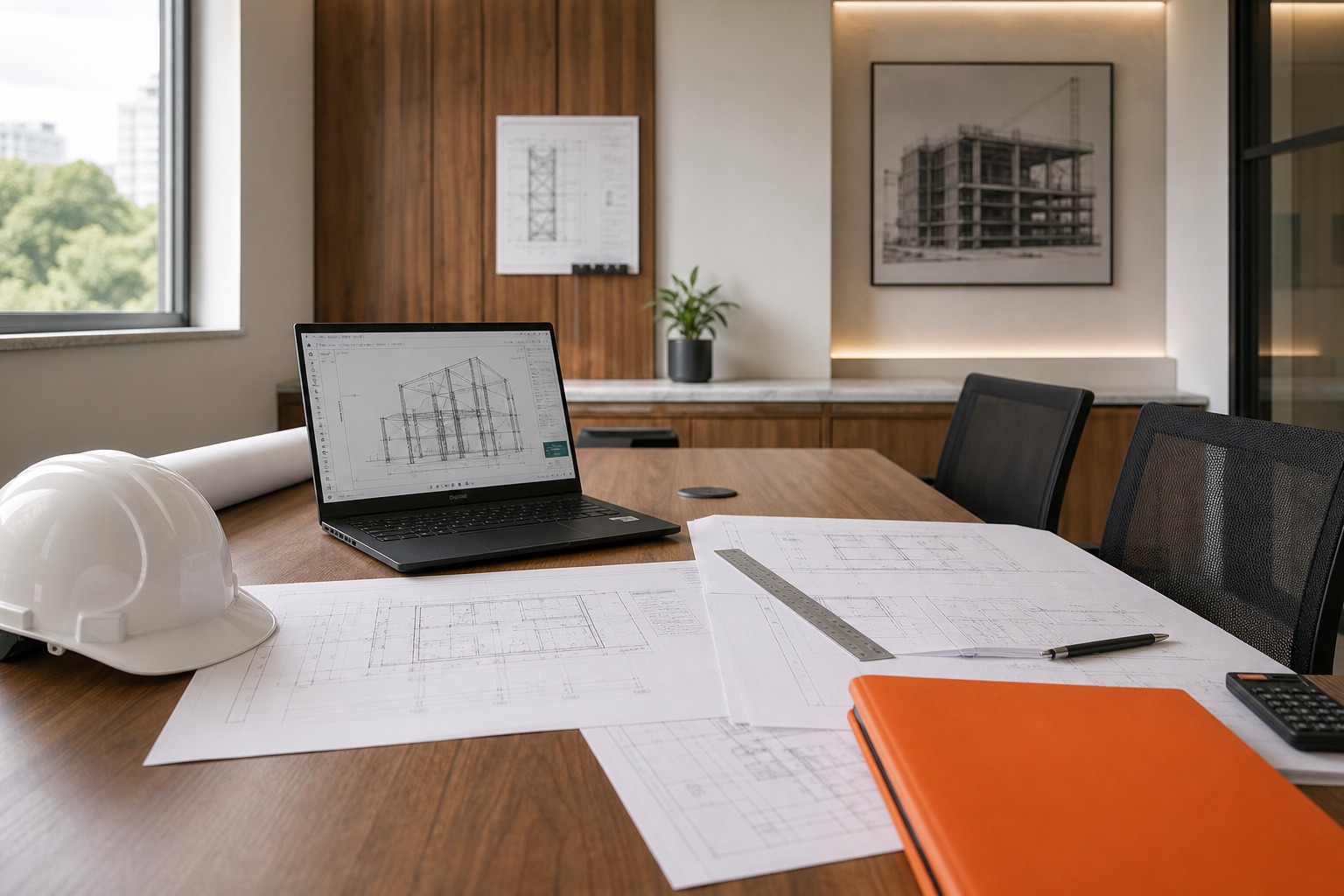 Engineering consultation desk with structural drawings and plans