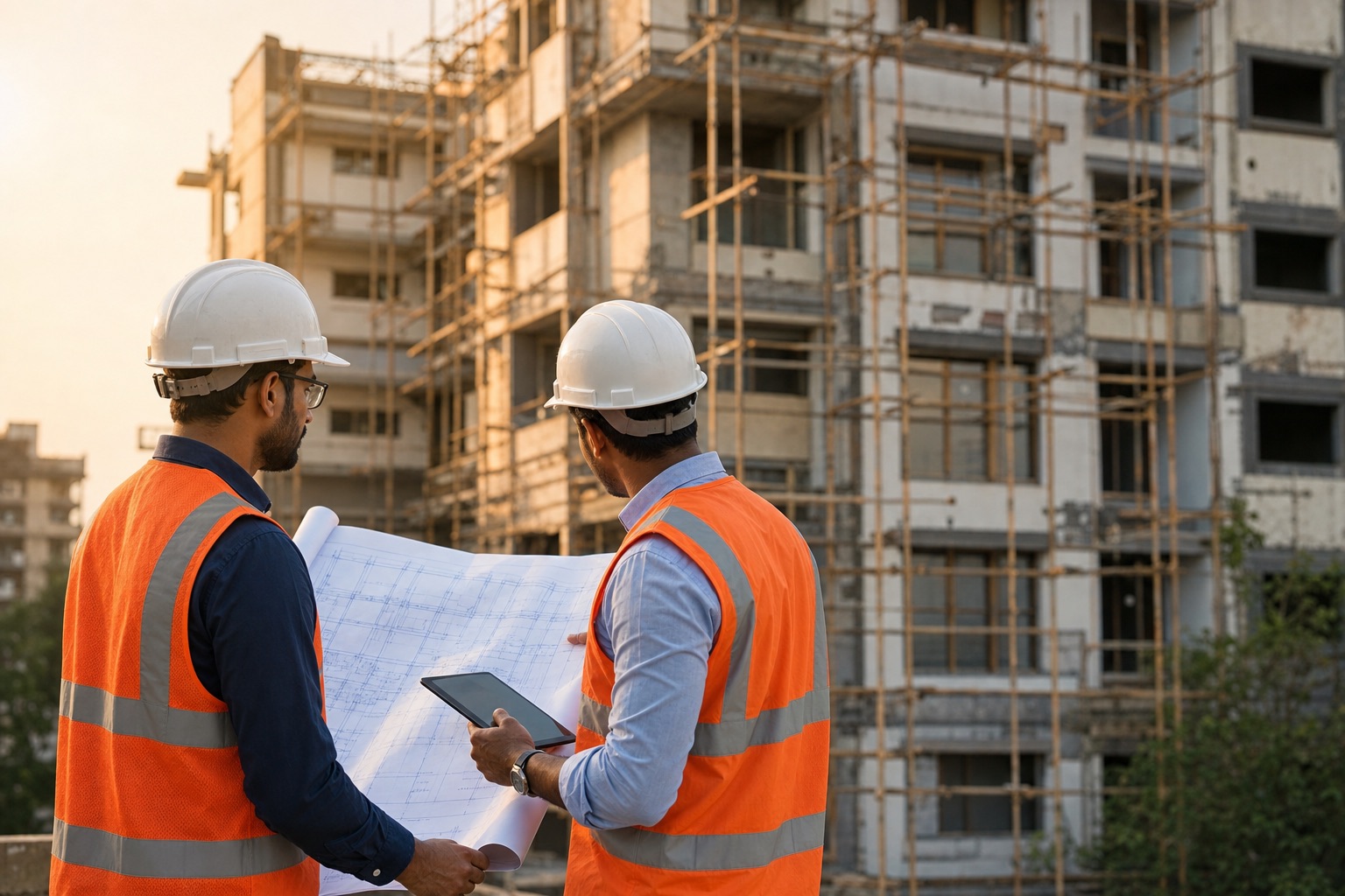 G.K.S Engineers reviewing structural plans on a building repair site